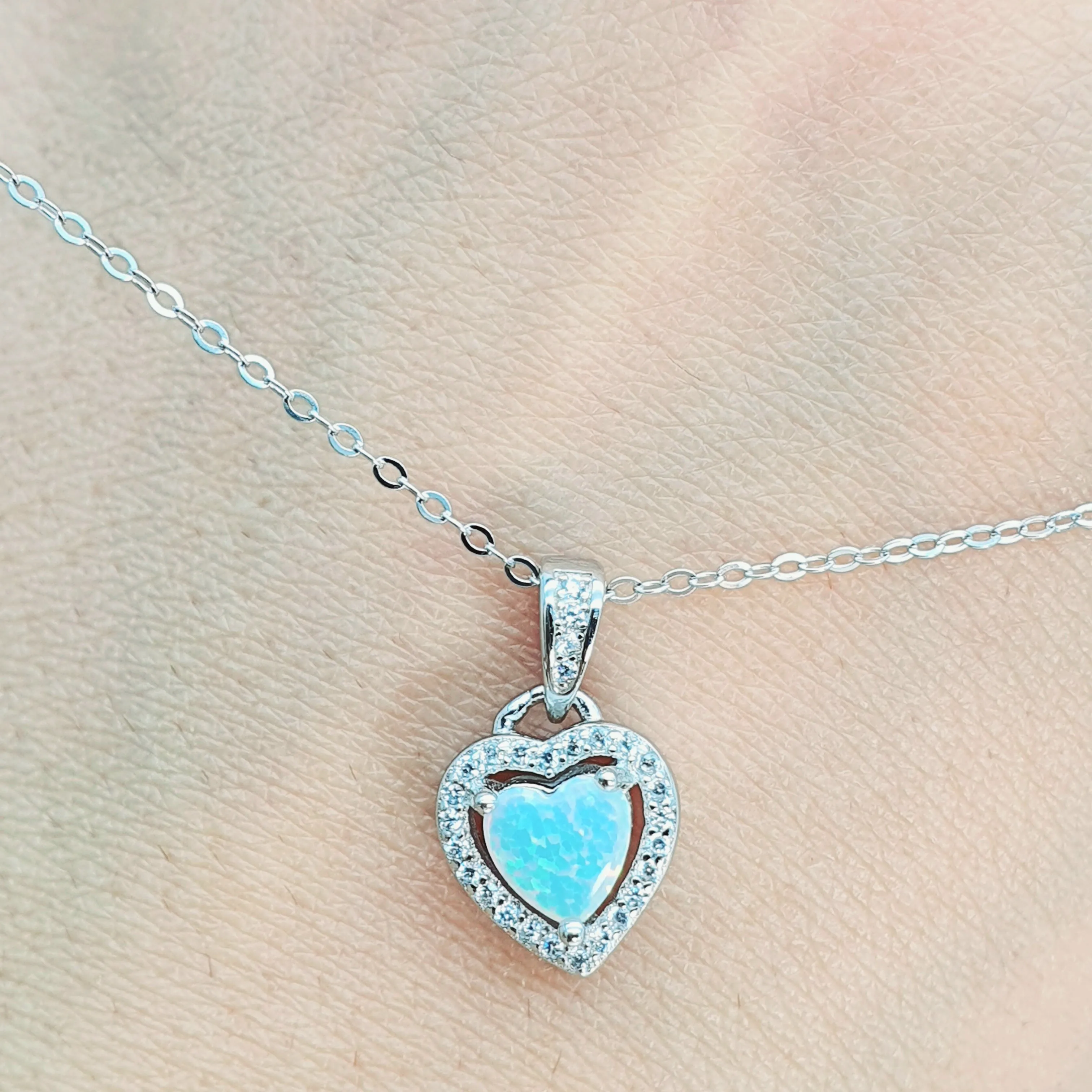 White Created Opal Heart Necklace, Sterling Silver