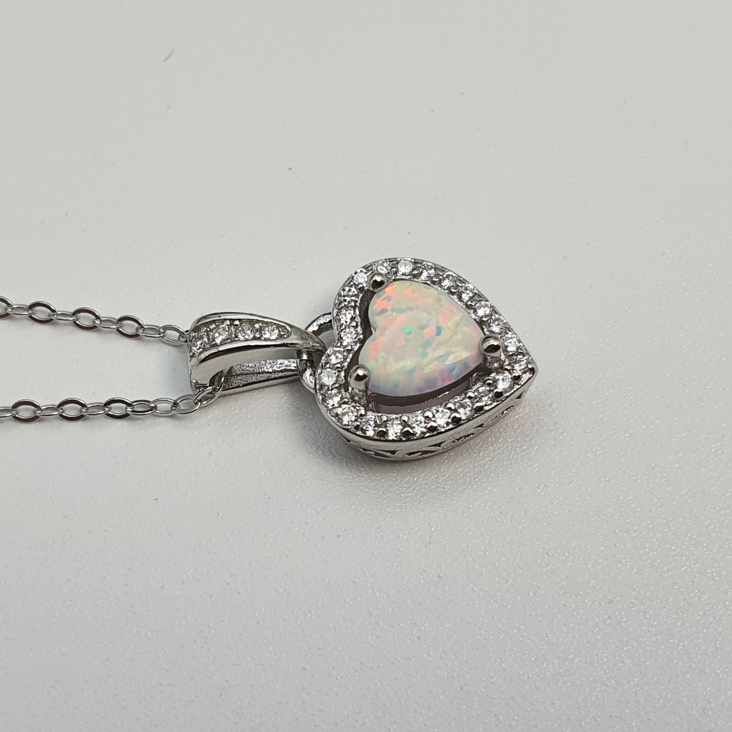 White Created Opal Heart Necklace, Sterling Silver