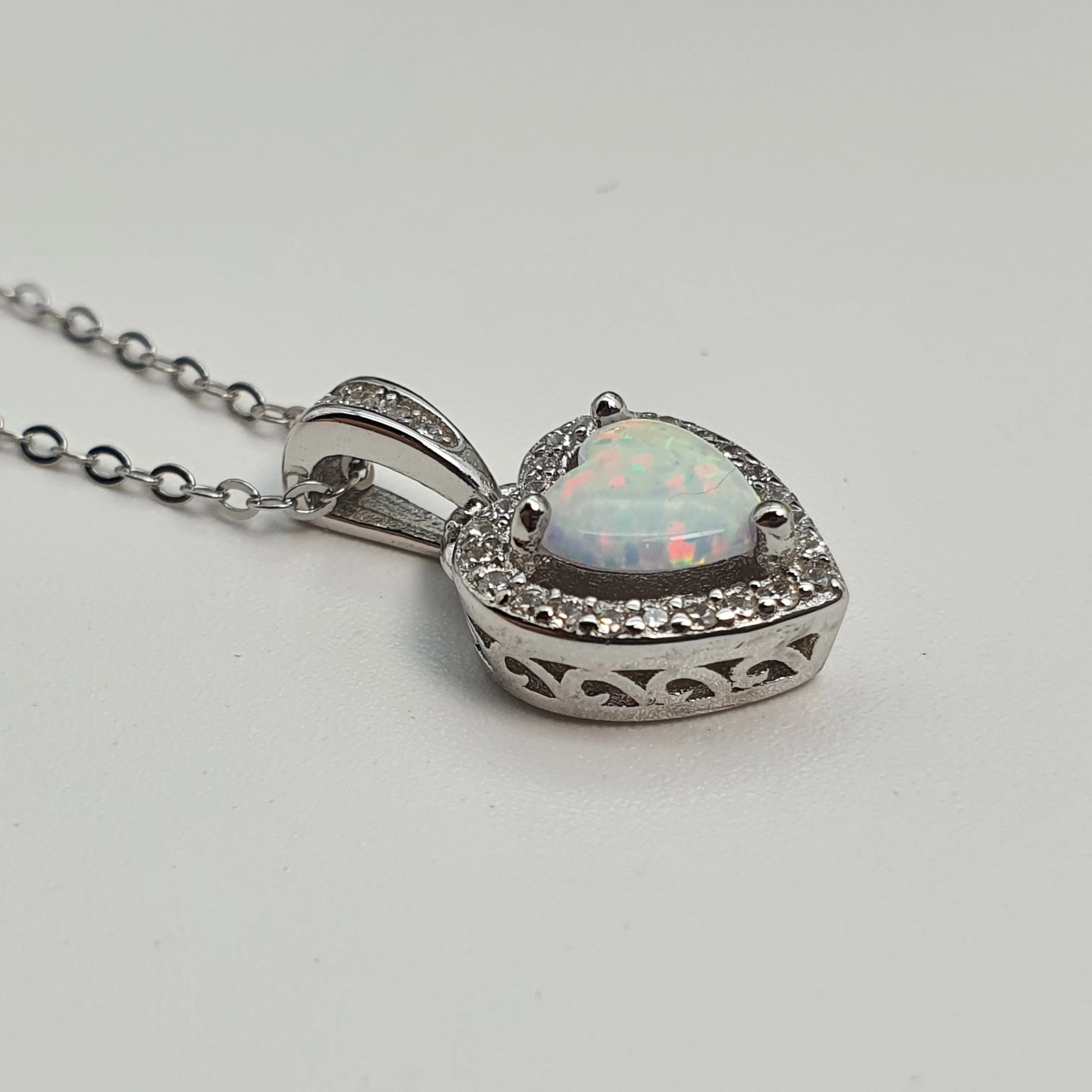 White Created Opal Heart Necklace, Sterling Silver