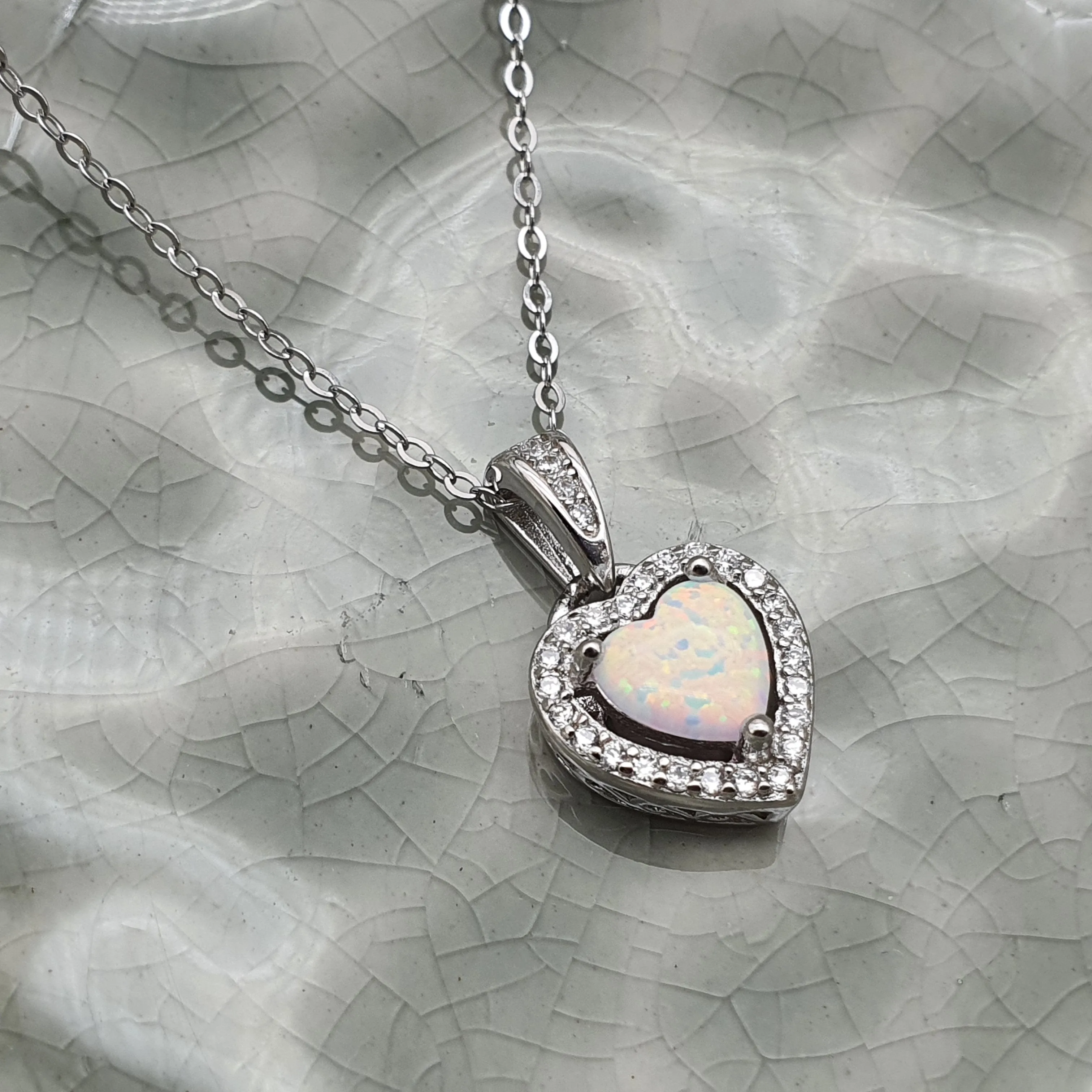 White Created Opal Heart Necklace, Sterling Silver