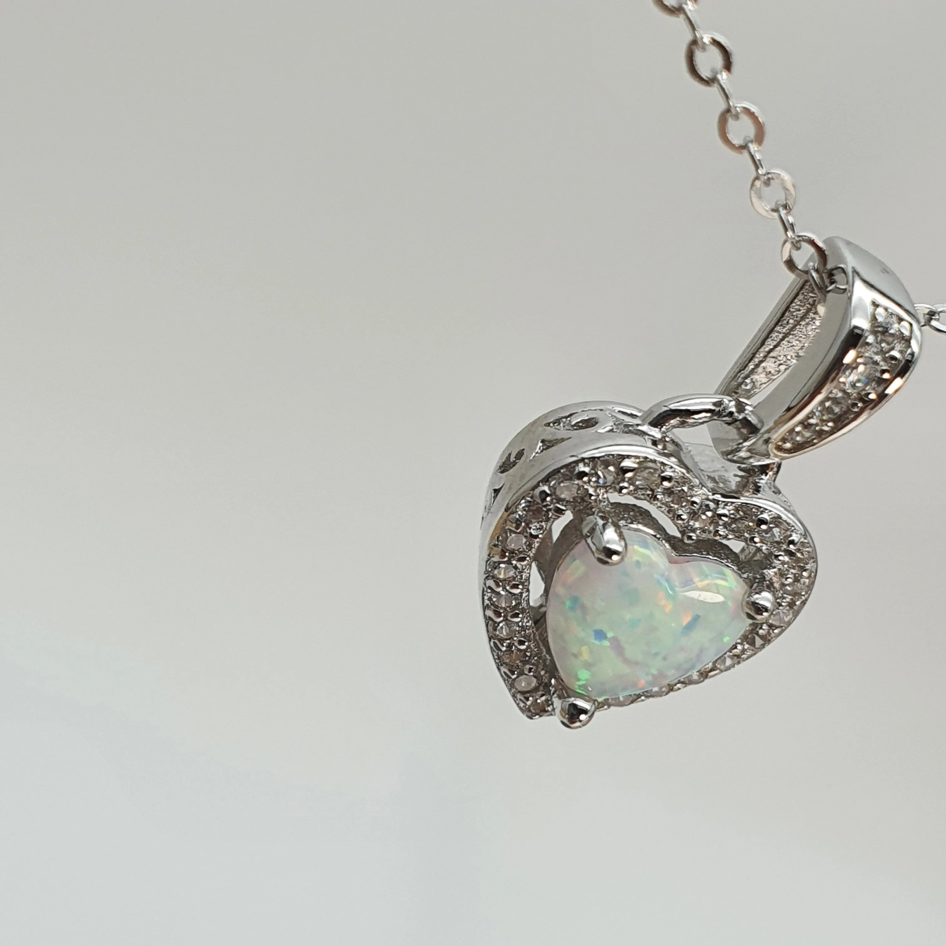 White Created Opal Heart Necklace, Sterling Silver