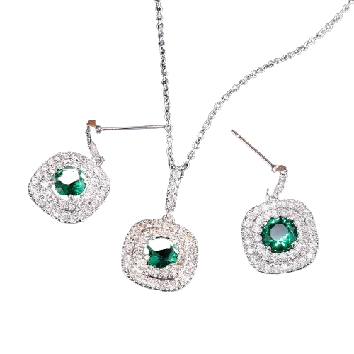 Women Classic Square Shape Crystal Matching Necklaces And Earrings Set