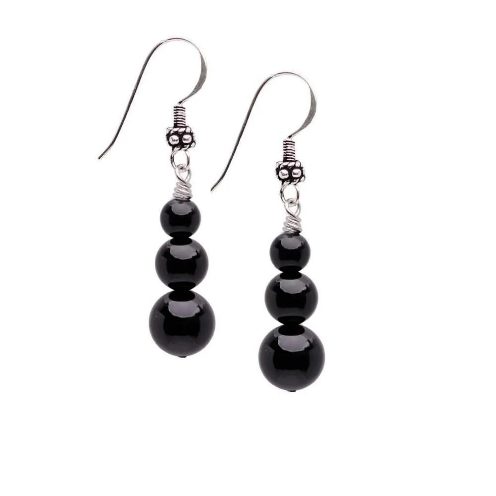 Women's Natural Gemstone Triple Bead and Sterling Silver Dangle Drop Earrings Handmade Black Agate