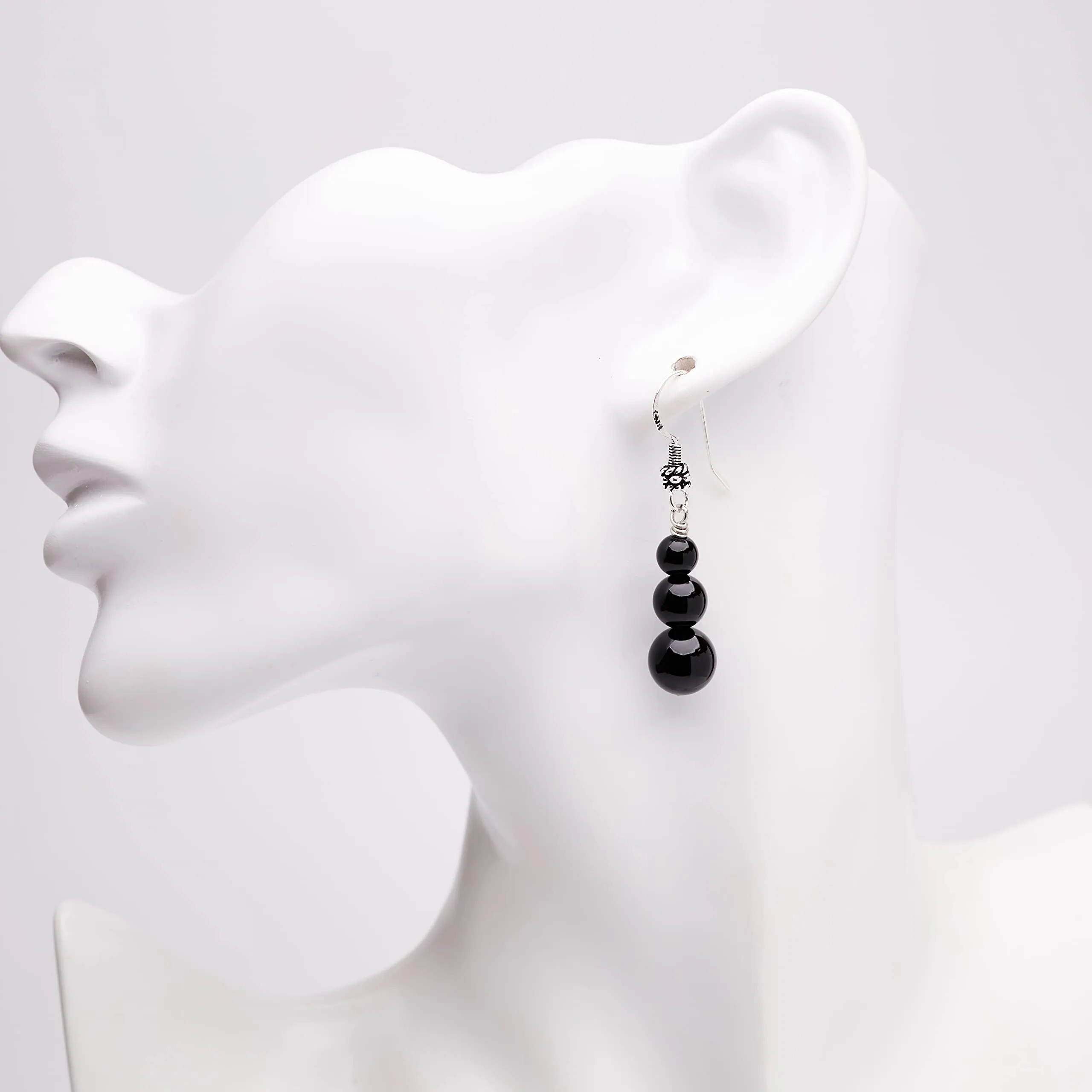 Women's Natural Gemstone Triple Bead and Sterling Silver Dangle Drop Earrings Handmade Black Agate