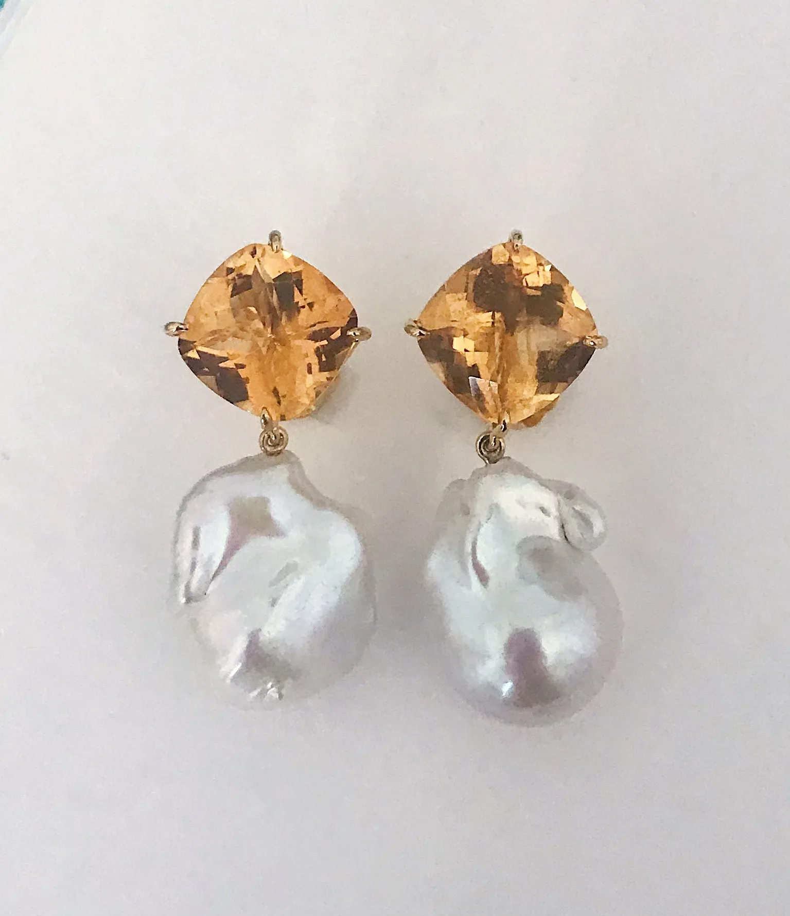 Yellow Gold Orange Citrine Stud with Baroque Pearl Drop Earring