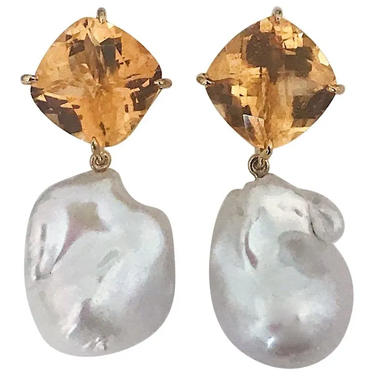 Yellow Gold Orange Citrine Stud with Baroque Pearl Drop Earring