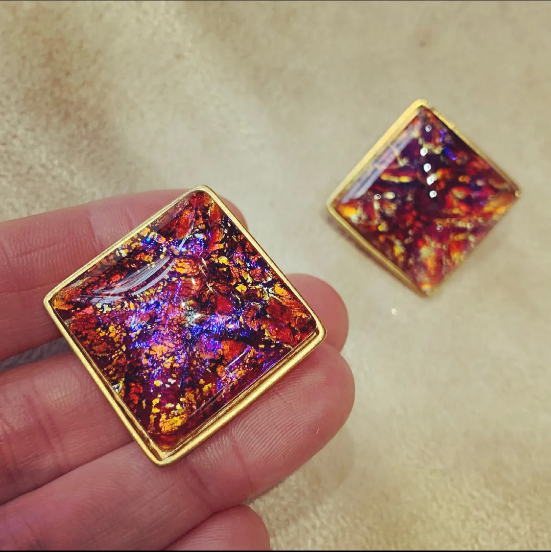 Yves Saint Laurent Dichroic glass clip on earrings in pink amber