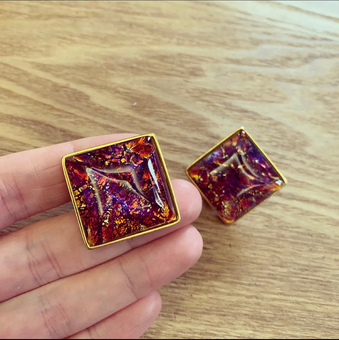 Yves Saint Laurent Dichroic glass clip on earrings in pink amber