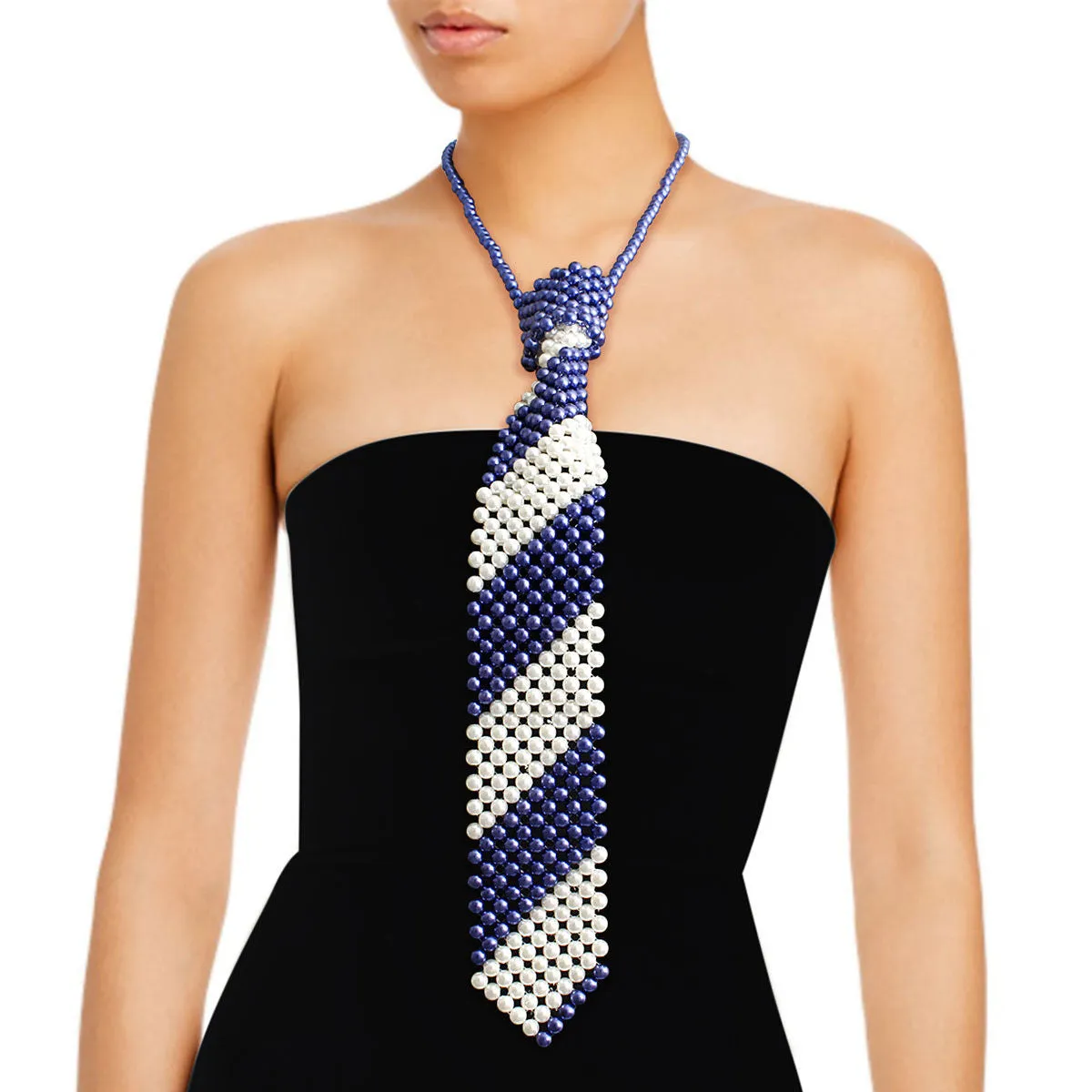 Zeta Phi Beta Inspired Blue White Pearl Stripe Tie Choker